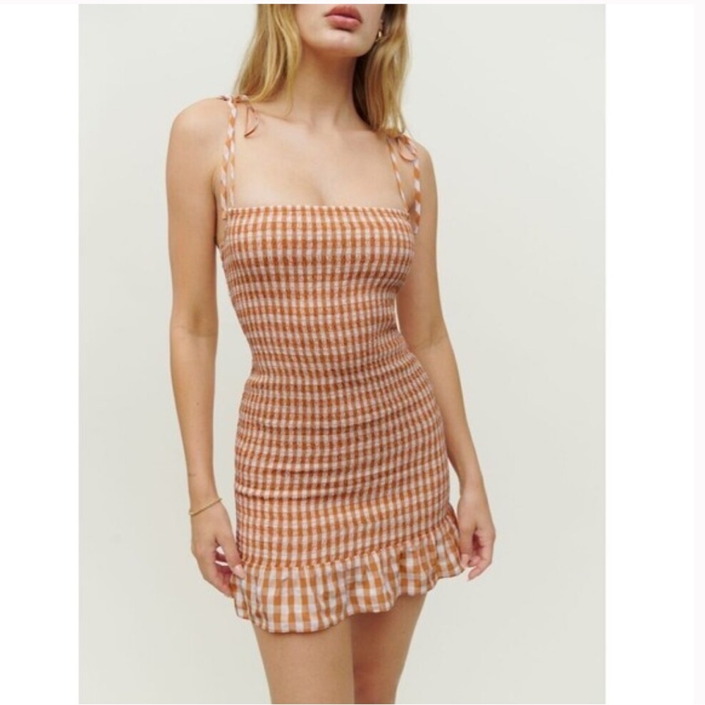 Reformation Gemini Orange Gingham Smocked Mini Dress